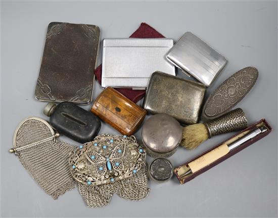 Two mesh purses and other items including treen snuff box, silver cigarette cases and toilet jars.